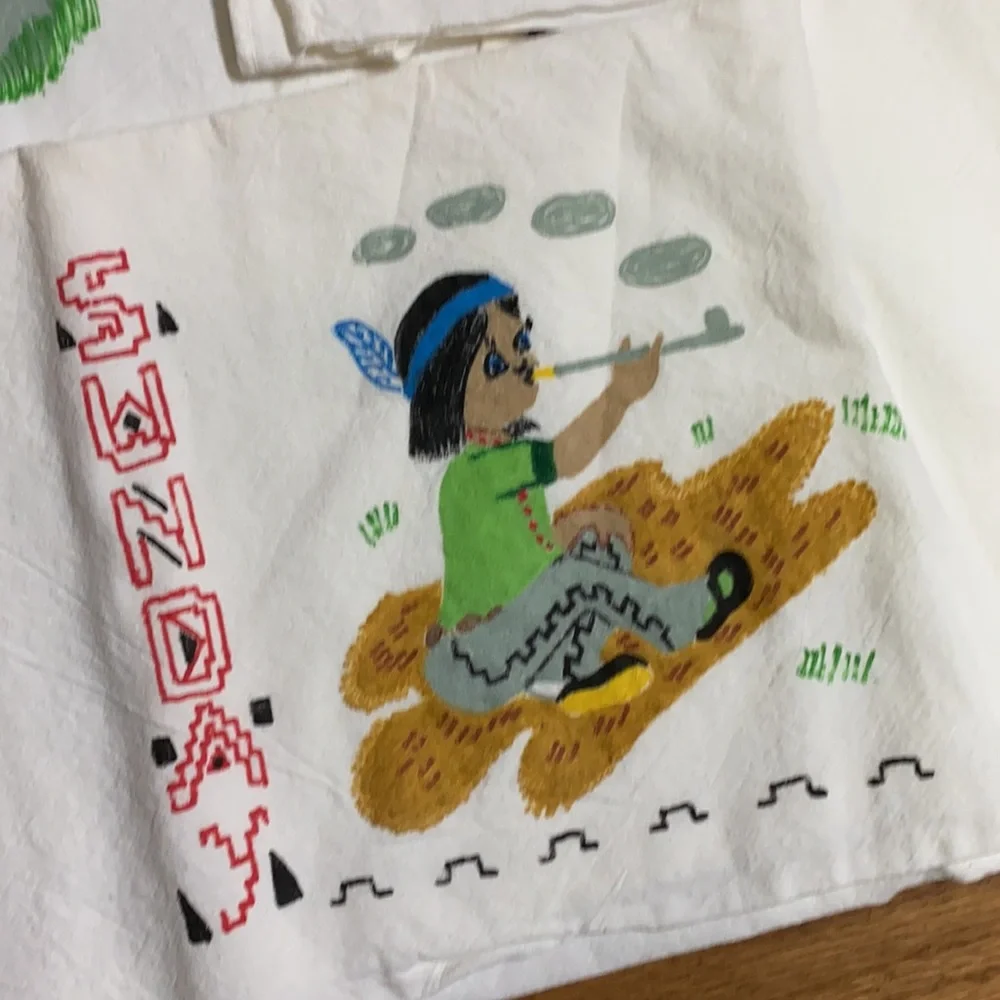 Vintage Native American Hand Painted Dish Towel Set of 7 50s 60s Mid Century